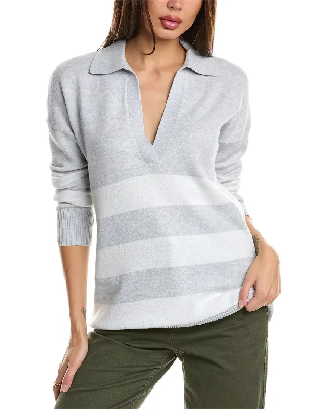 Forte Cashmere Stripe Split Neck Polo Cashmere-Blend Sweater