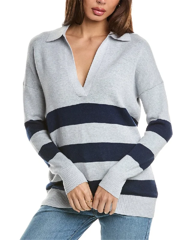 Forte Cashmere Stripe Split Neck Polo Cashmere-Blend Sweater