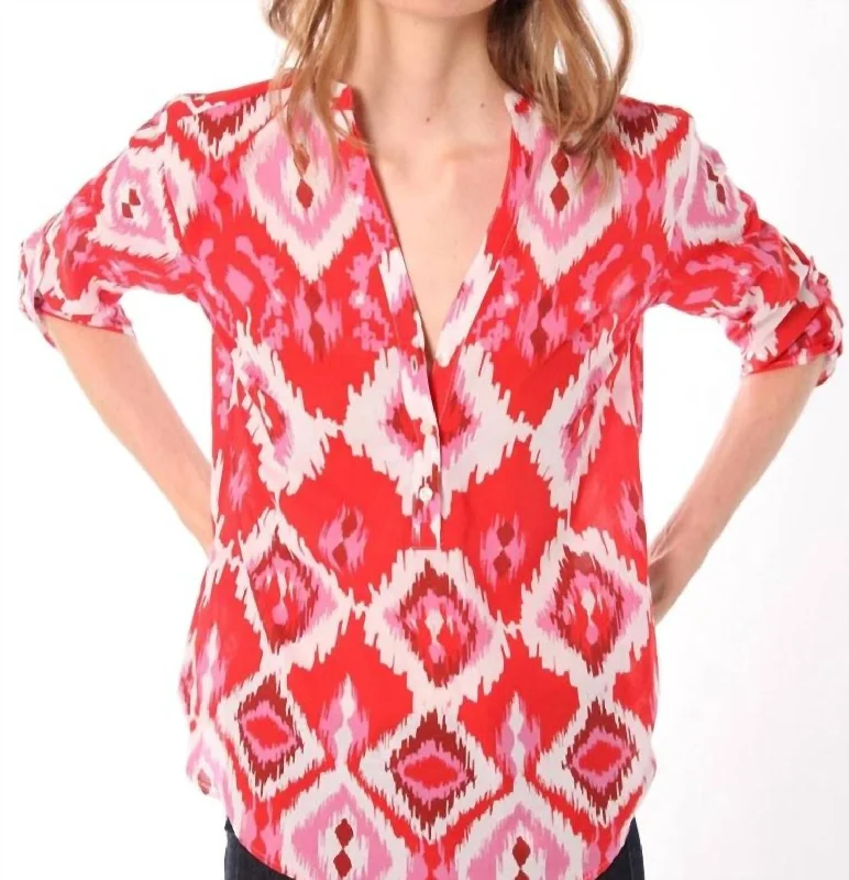 Francina Top Blouse In Pink & Red Ikat