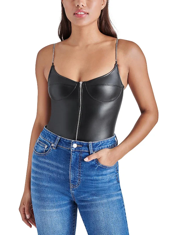 Haven Womens Faux Leather Chain Straps Bodysuit