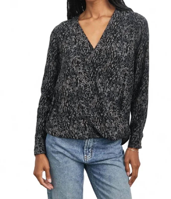 Hillary Animal Print Long Sleeve Blouse In Charcoal