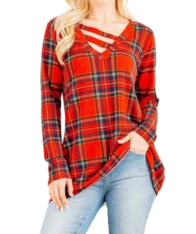 Holiday Plaid Criss Cross Top In Red