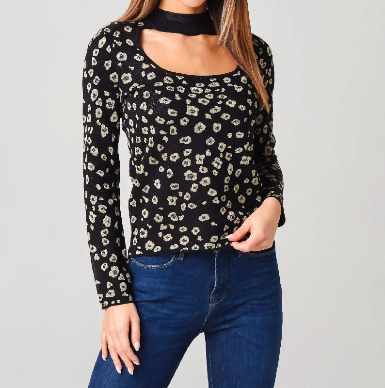 Jacquard Cutout Mockneck Top In Black Multi