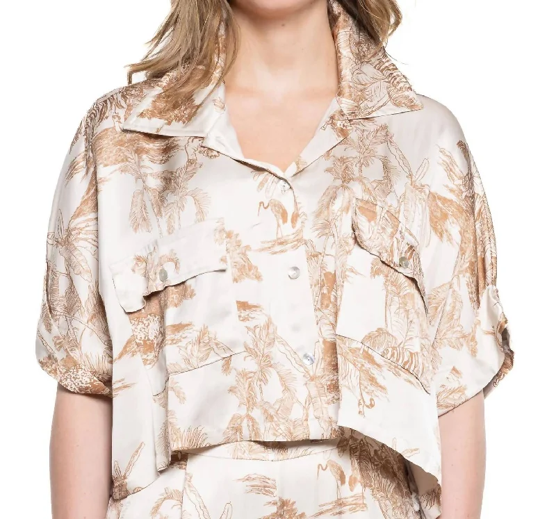 Jungle Print Short Sleeve Button Up Crop Top In Cream/tan