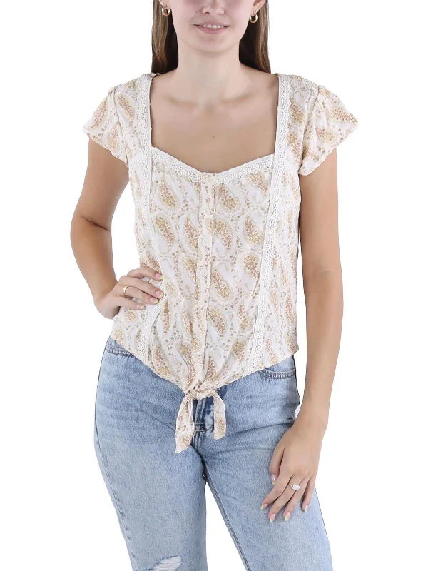 Juniors Womens Front Tie Lace Button-Down Top