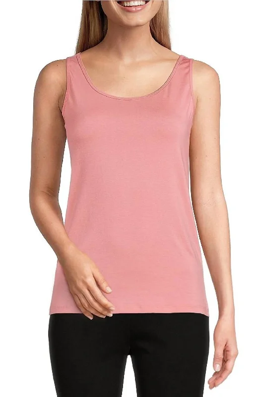 Knit Double Scoop Neck Sleeveless Fitted Tank Top In Dusty Pink