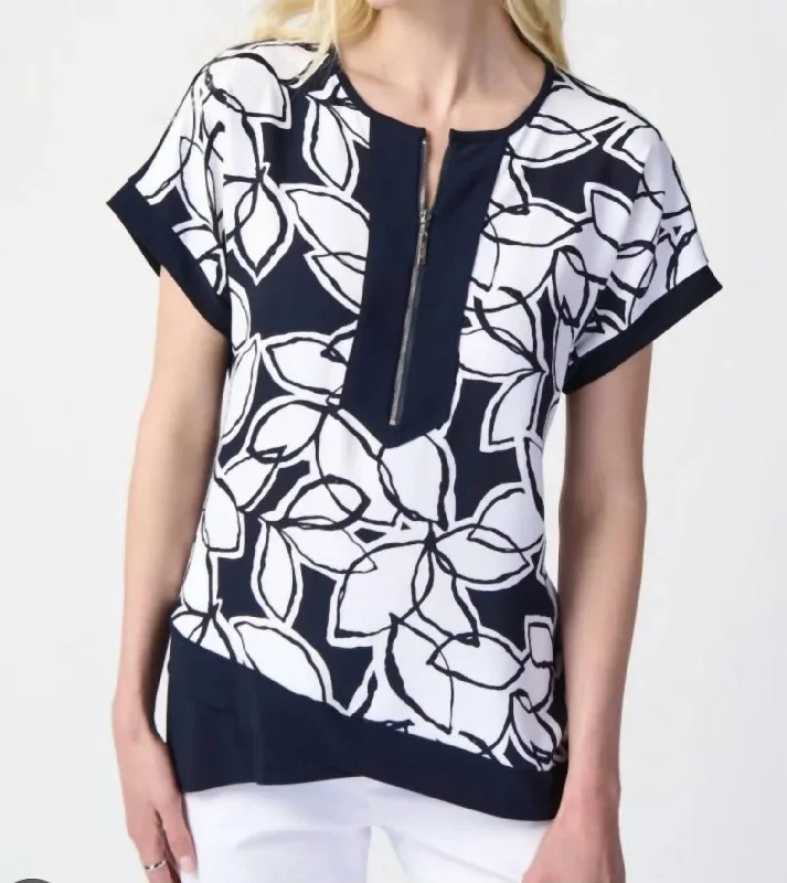 Leaf Print Top In Midnight Blue