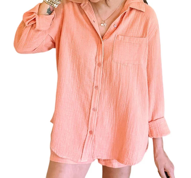 Leni Crinkle Double Gauze Button Down Shirt In Canyon Sunset