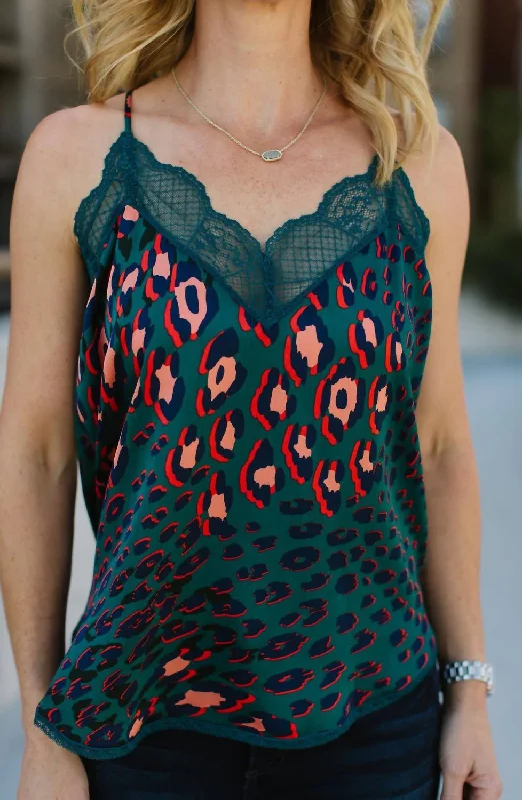 Leopard Print Lace Trim Camisole In Teal Leopard