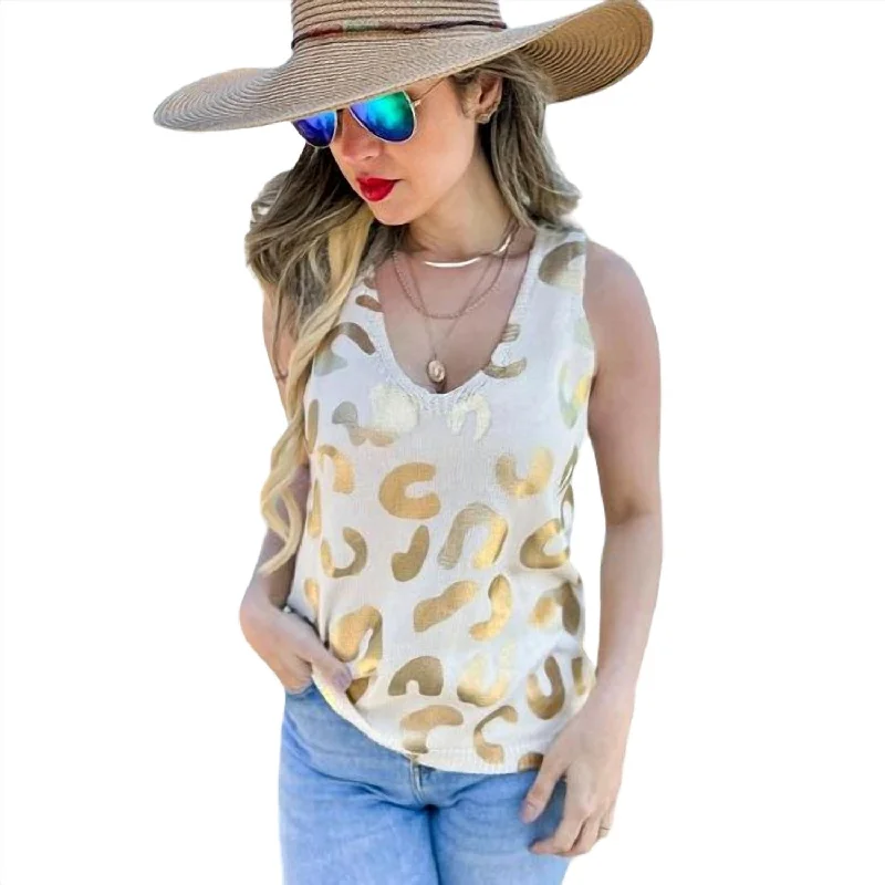 Leopard Printed Sleeveless V Neck Knitted Top In Cream/gold