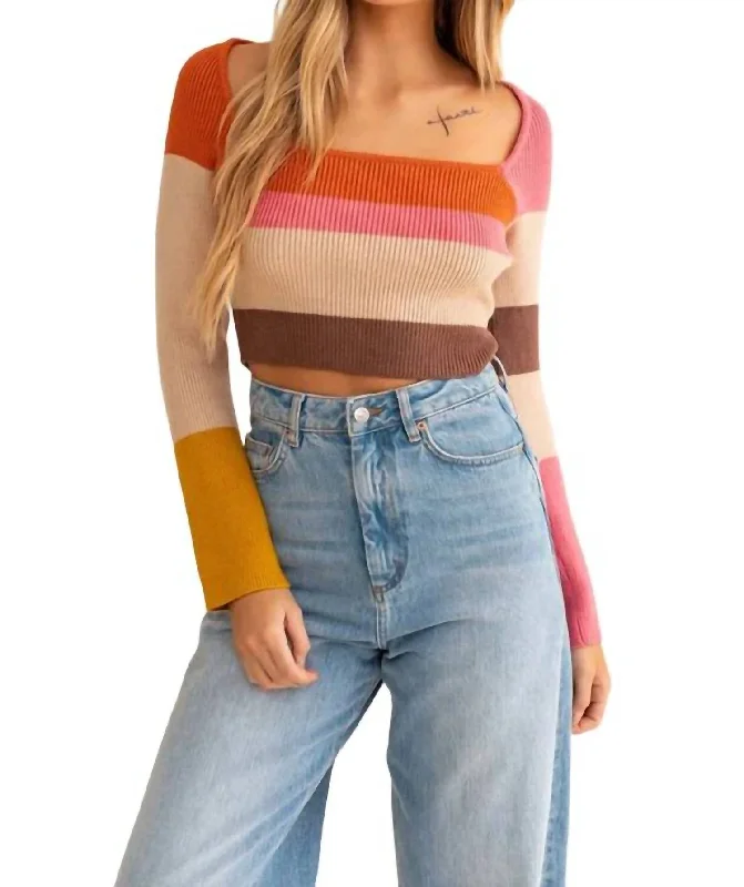 Long Sleeve Color Block Stripe Knit Top In Rust Multi