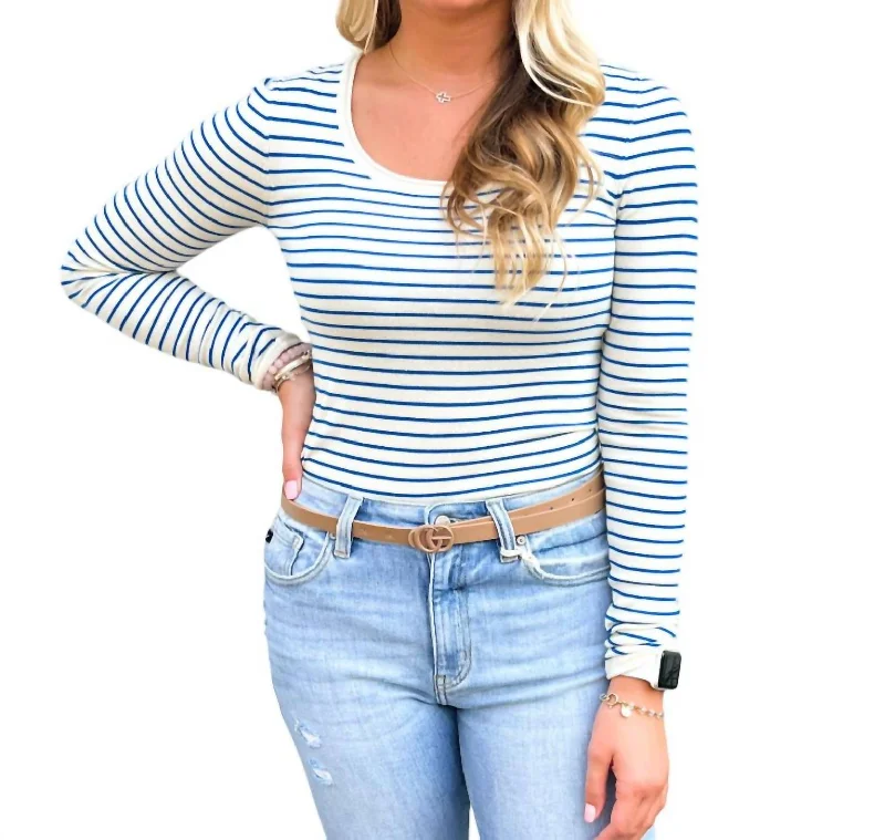 Long Sleeve Knit Top In Blue/cream