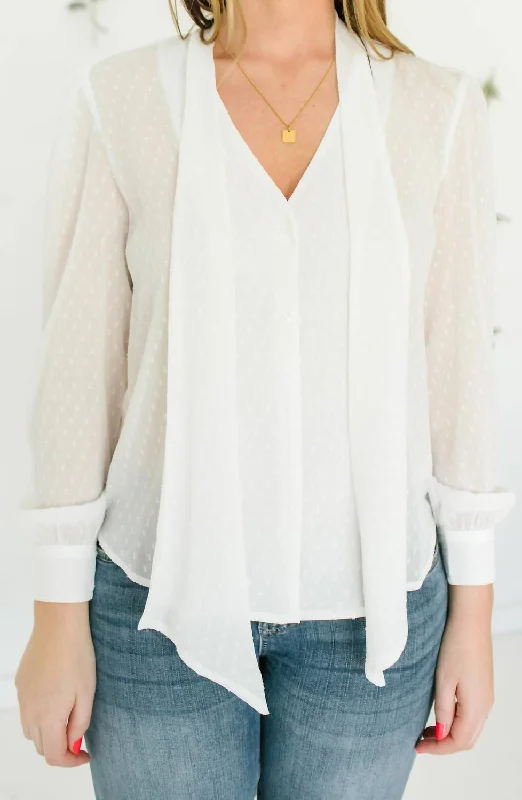 Long Sleeve Neck Tie Blouse In White