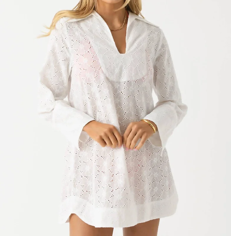 Long Sleeve Popover Tunic In White Eyelet