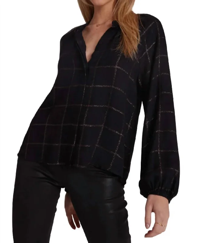 Long Sleeve Shirred Raglan Top In Copper Shine Plaid