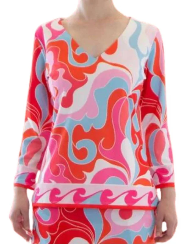 Long Sleeve V Neck Top In Pink, Orange