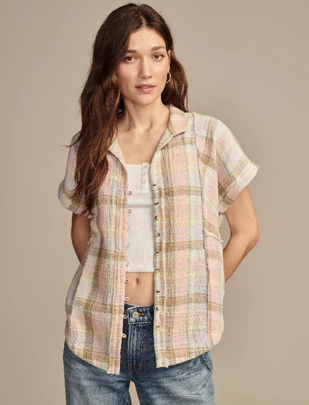 Lucky Brand Women's Plaid Short Sleeve Beach Shirt