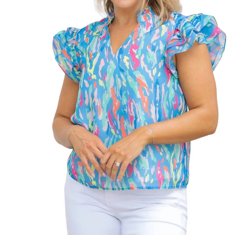 Marley Ruffle Sleeve Top In Blue