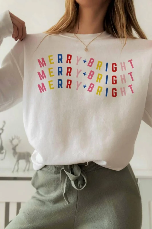 Merry And Bright Crewneck Sweatshirt In White, Red, Blue, Yellow, Pink