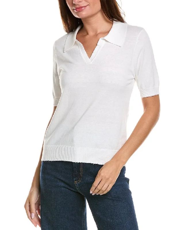 Minnie Rose Frayed Polo Cashmere-Blend Sweater