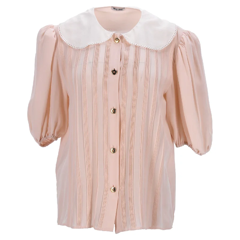 Miu Miu Pleated Peter Pan Collar Shirt in Peach Silk Crepe