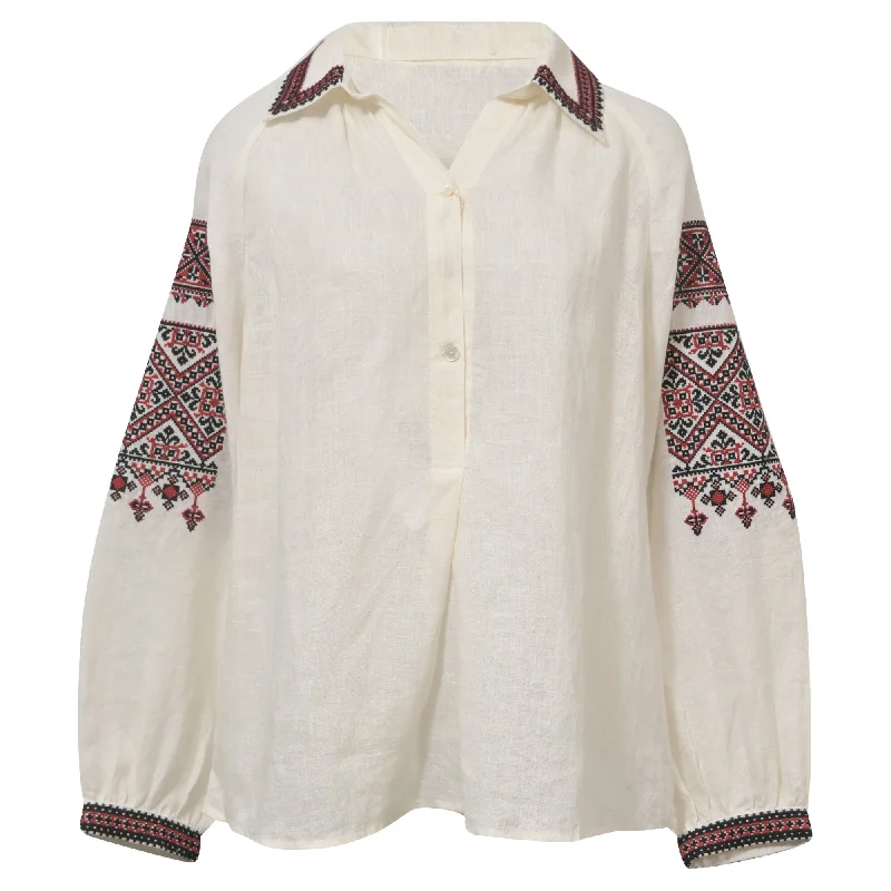 Nili Lotan Jill Embroidered Blouse in Cream White Linen