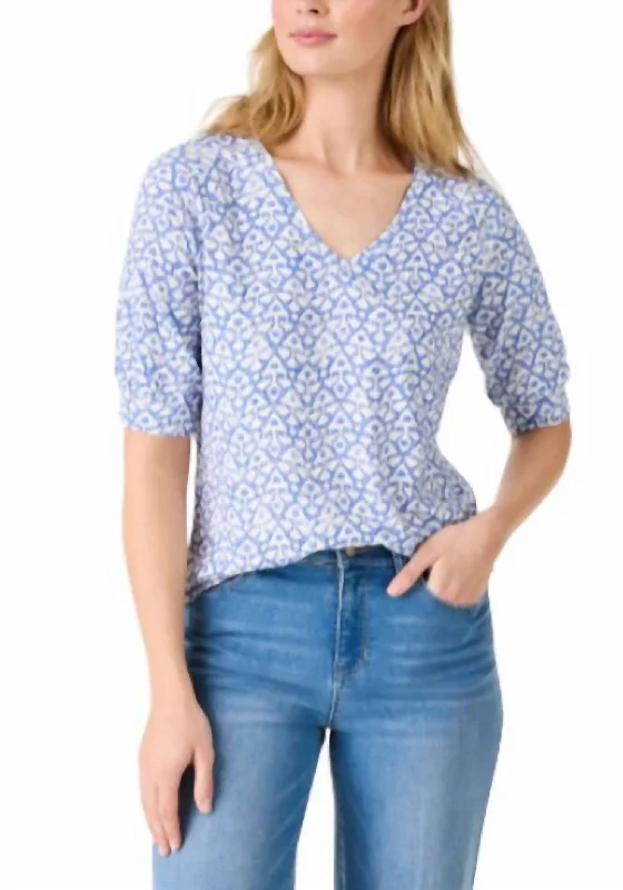 Nzt Dotty Ikat Elbow Sleeve V-Neck Tee In Blue Multi