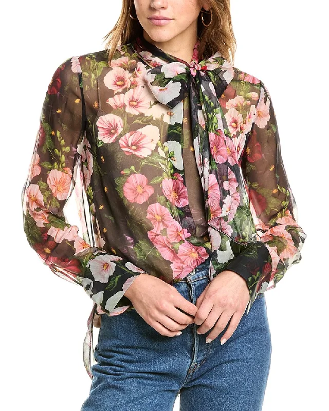 Oscar de la Renta Hollyhocks Silk Chiffon Blouse