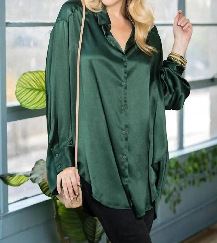 Oversize Satin Button Up In Green