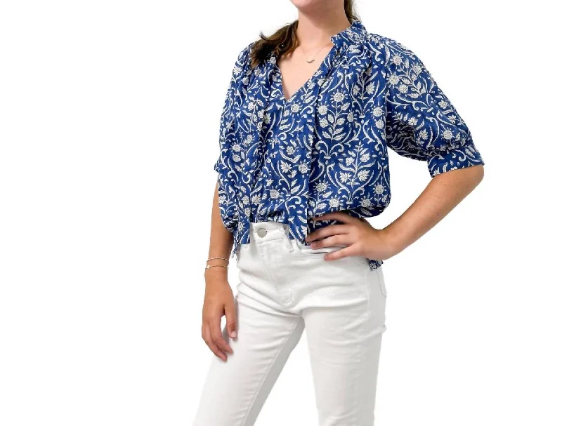 Pam Top Blouse In Navy Trellis