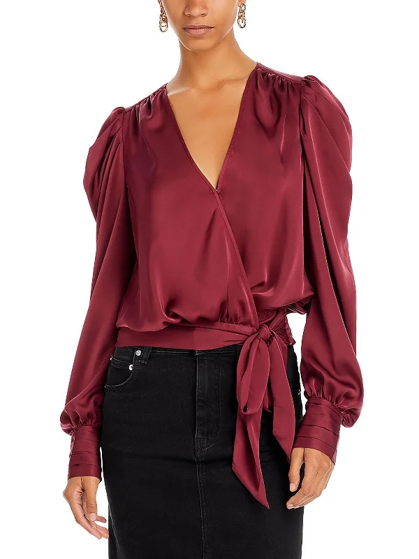 Pauline Womens Side Tie Bishop Sleeve Wrap Top