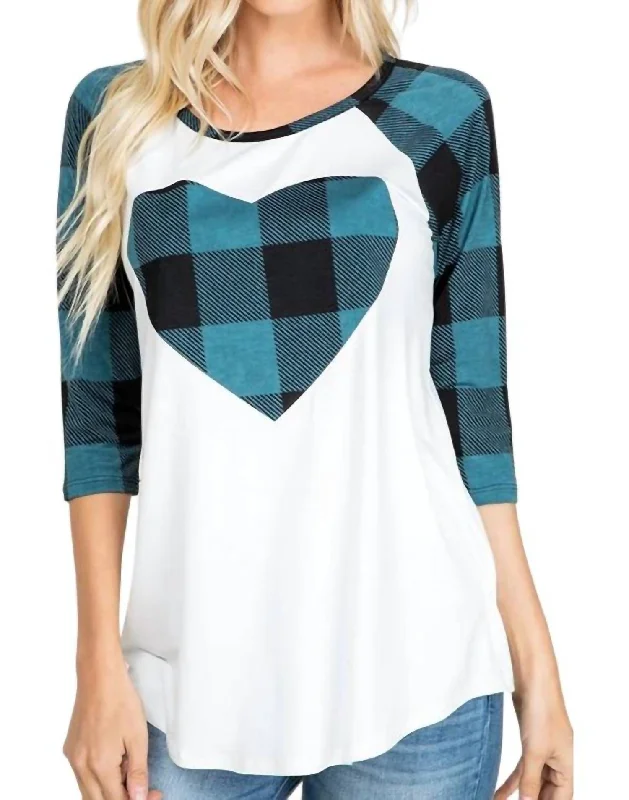 Plaid Heart Raglan Tee In Teal/white