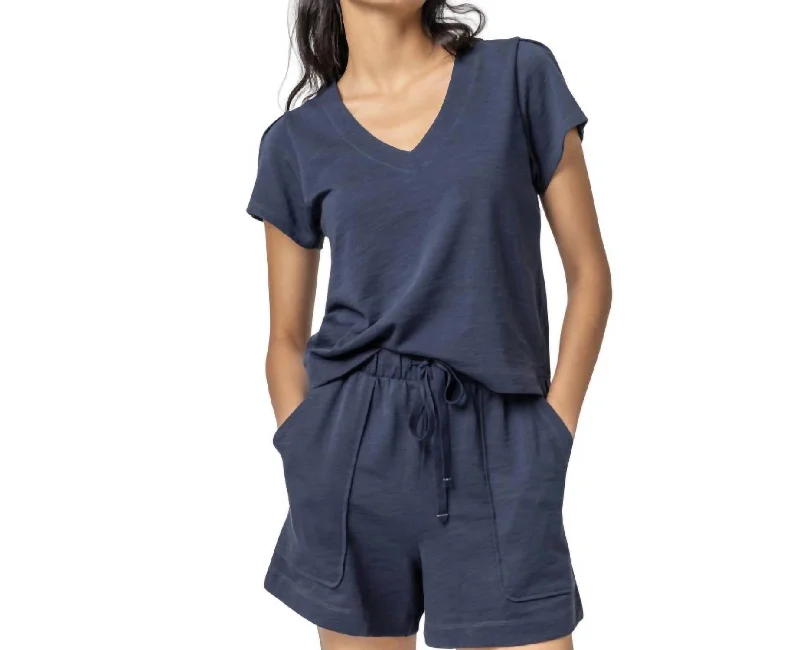 Pleated Cap Sleeve V-Neck Tee In Navy