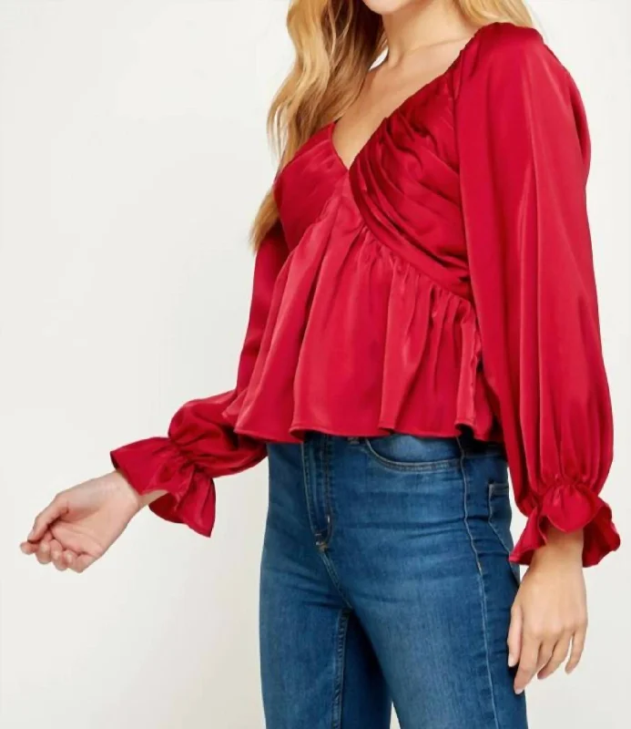 Pleated V Neck Blouse In Burgundy Red