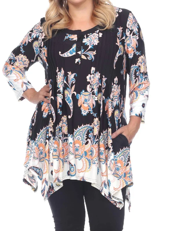 Plus Size Paisley Scoop Neck Tunic Top With Pockets In Black/white