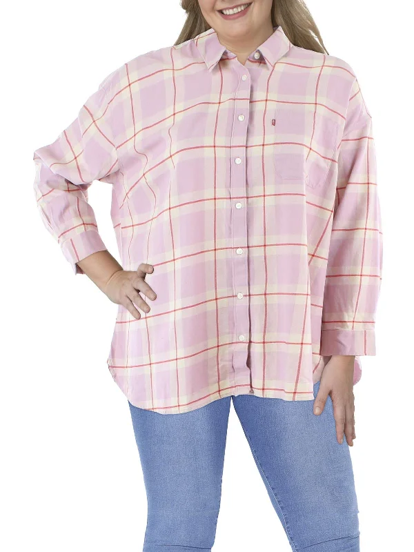 Plus Womens Cotton Flannel Button-Down Top