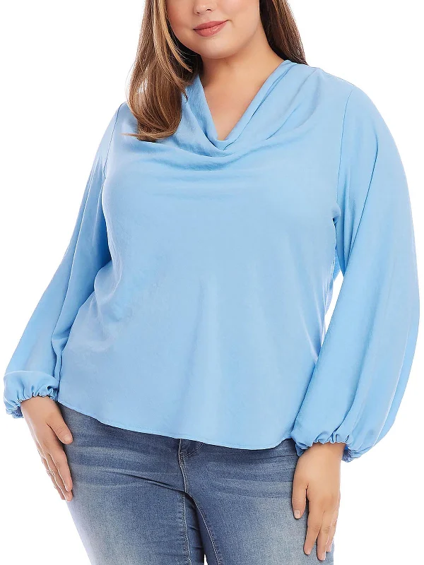 Plus Womens Cowl Neck Bishop Sleeve Blouse