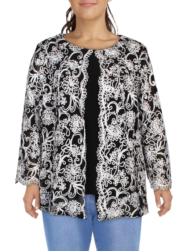 Plus Womens Lace Overlay Long Sleeve Blouse