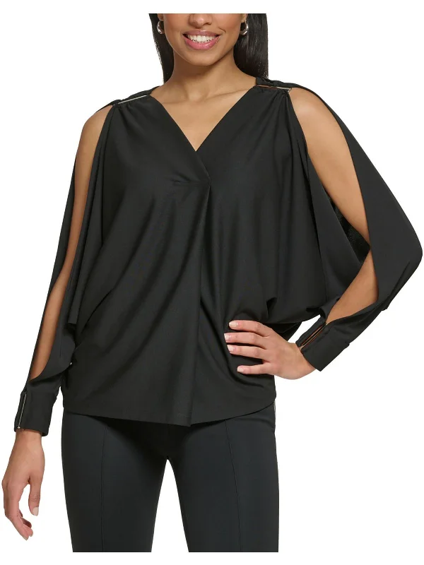 Plus Womens Slit Sleeve V Neck Pullover Top