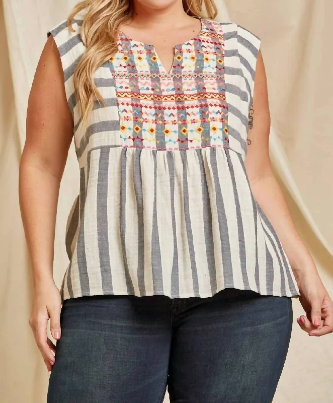 Plus Woven Striped Top In Cream Multi