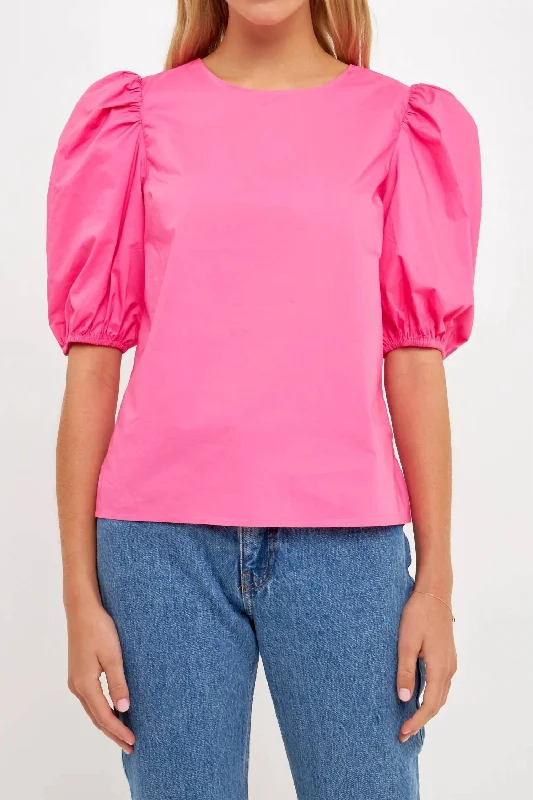 Poplin Puff Sleeve Top In Fuchsia