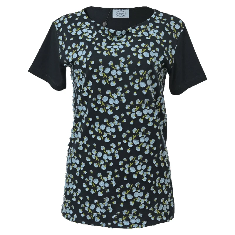 Prada Floral Knit Applique Short Sleeve T-Shirt in Black Cotton