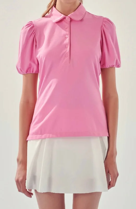 Puff Sleeve Jersey Top In Pink