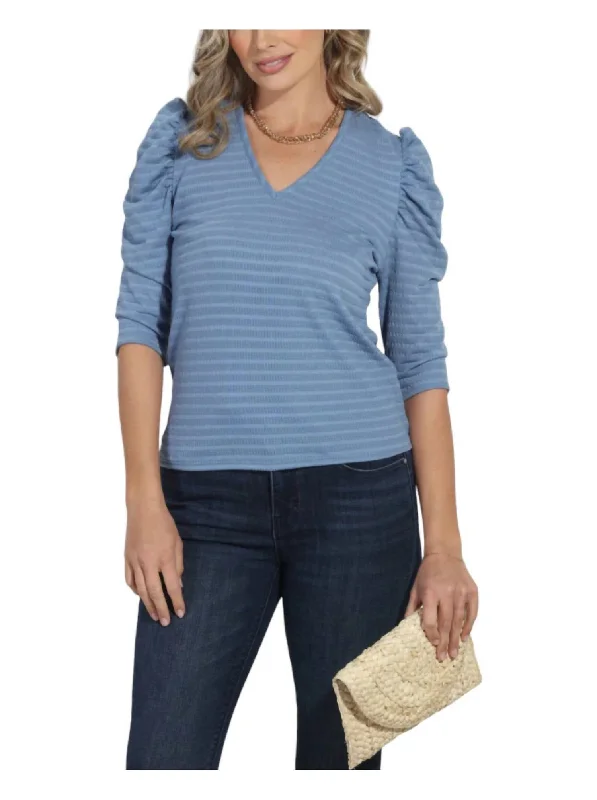 Puff Sleeve V Neck Tee In Denim Blue