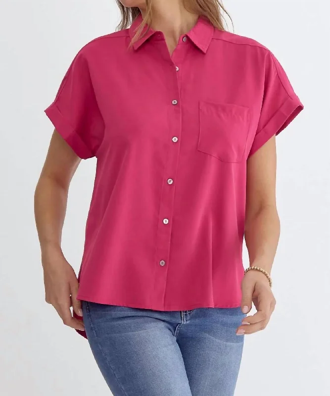 Rachel Button Down Top In Hot Pink