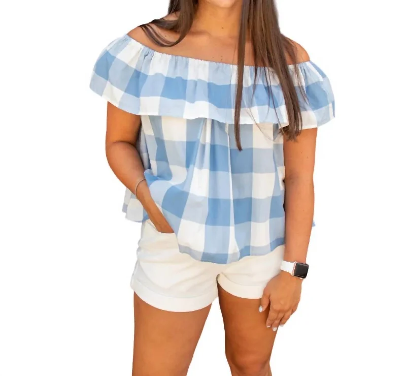 Riley Gingham Ruffle Top In Delta Blue