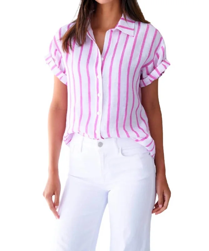 Roll Sleeve Camp Shirt In Pink Bold Stripe