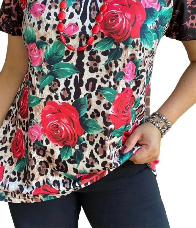 Rose Floral Leopard Top In Red Multi