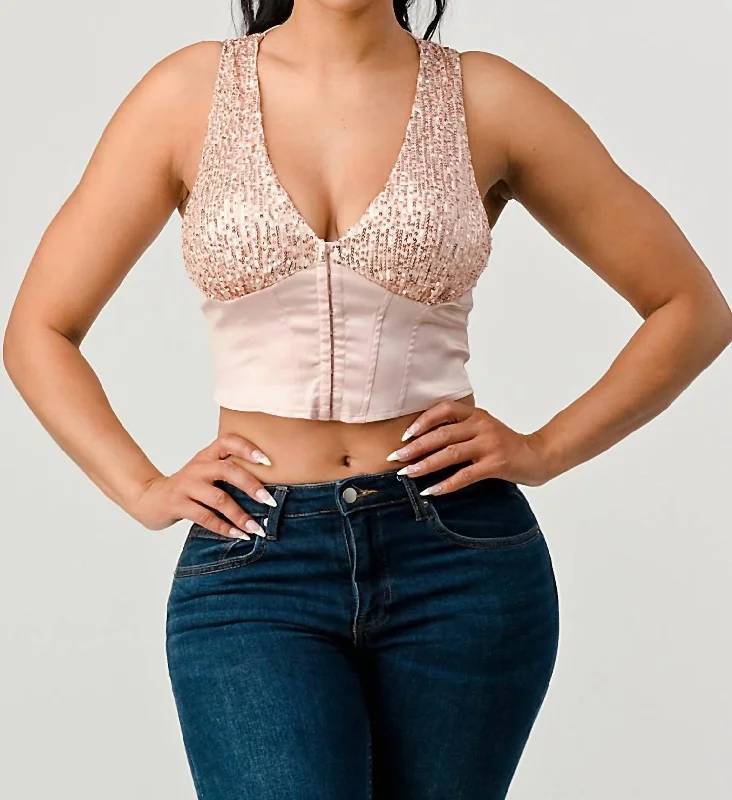 Rose Sweatheart Cropped Sequin Top In Rose Gold