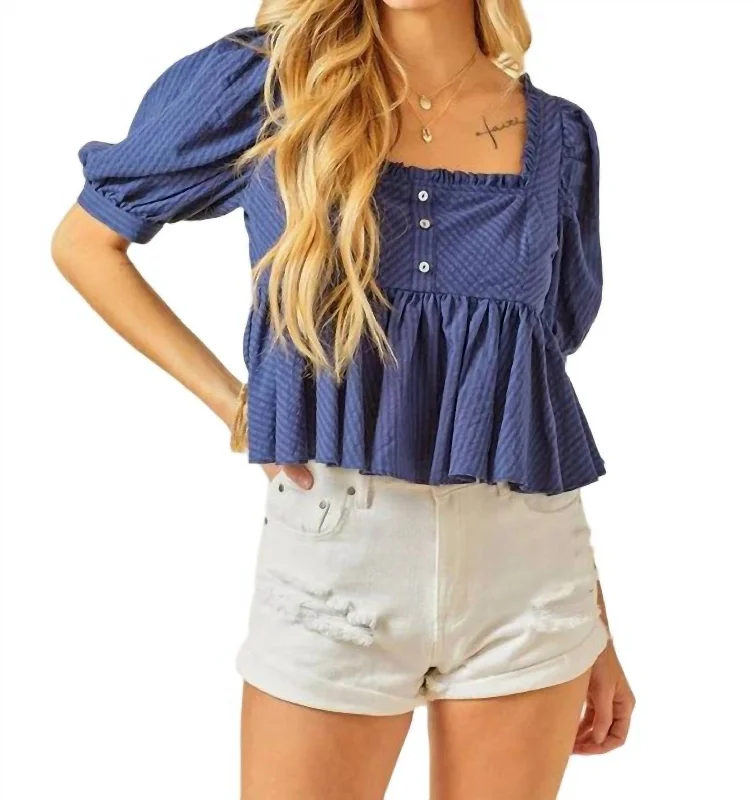 Ruffle Detail Striped Babydoll Blouse In Navy